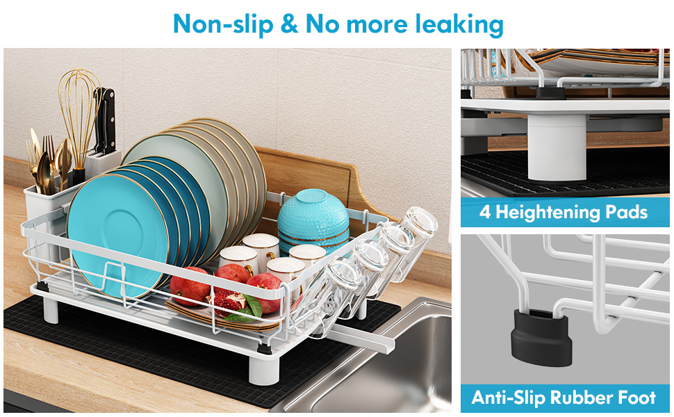 Сушарка для посуду MAJALiS 2-ярусна з піддоном та килимком, з тримачем для столових приборів, чорна (біло-чорна)