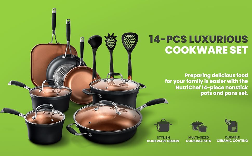 Набір посуду NutriChef NCCWALN14 мідний антипригарний, 14 предметів - для всіх типів плит