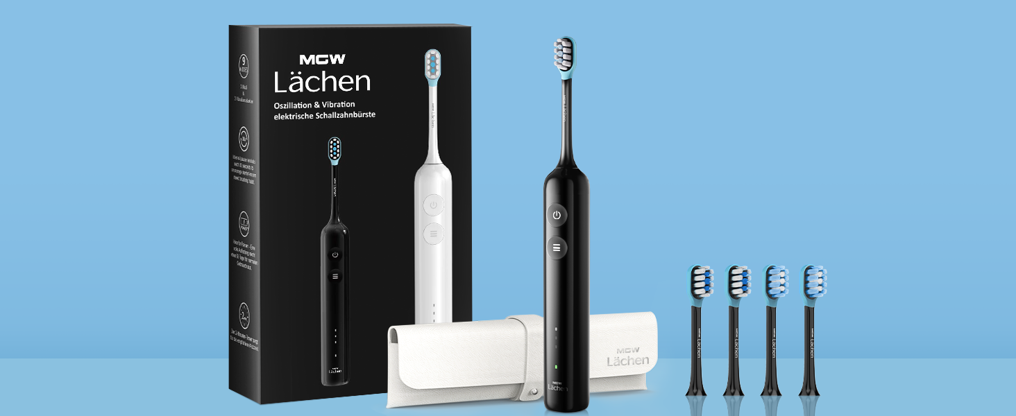Електрична зубна щітка MGW Lächen – звукова, 3 режими, 3 інтенсивності, IPX8, 4 насадки, біла/чорна