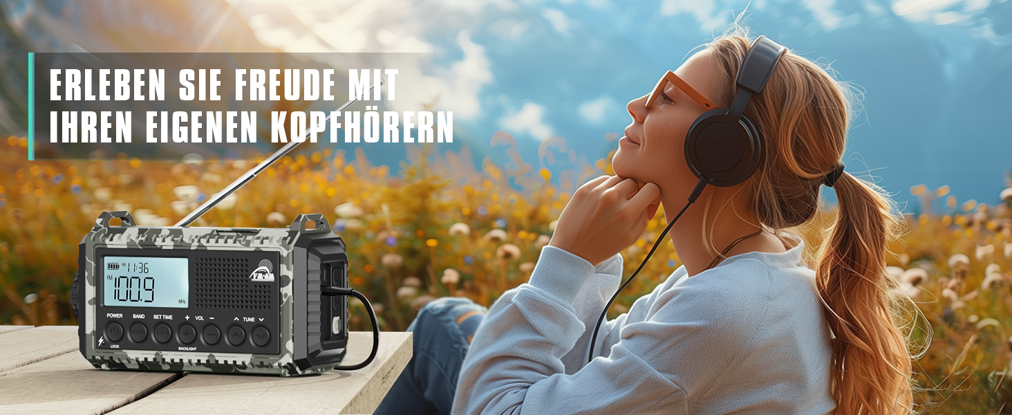 Радіо на механічній ручці з сонячною панеллю та Powerbank 12000mAh | AM/FM/SW радіо для надзвичайних ситуацій, зарядка USB-C, SOS-сигнал, ліхтарик та лампа для читання | Водонепроникне, портативне для кемпінгу, туризму (Сірий камуфляж)