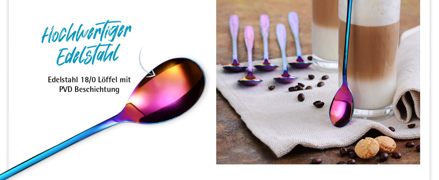 Ложка для Еспресо та Латте-Макіято Gräwe з нержавіючої сталі, довга, для кави, десертів та холодного чаю, миється в посудомийній машині, кольори (Райдуга)