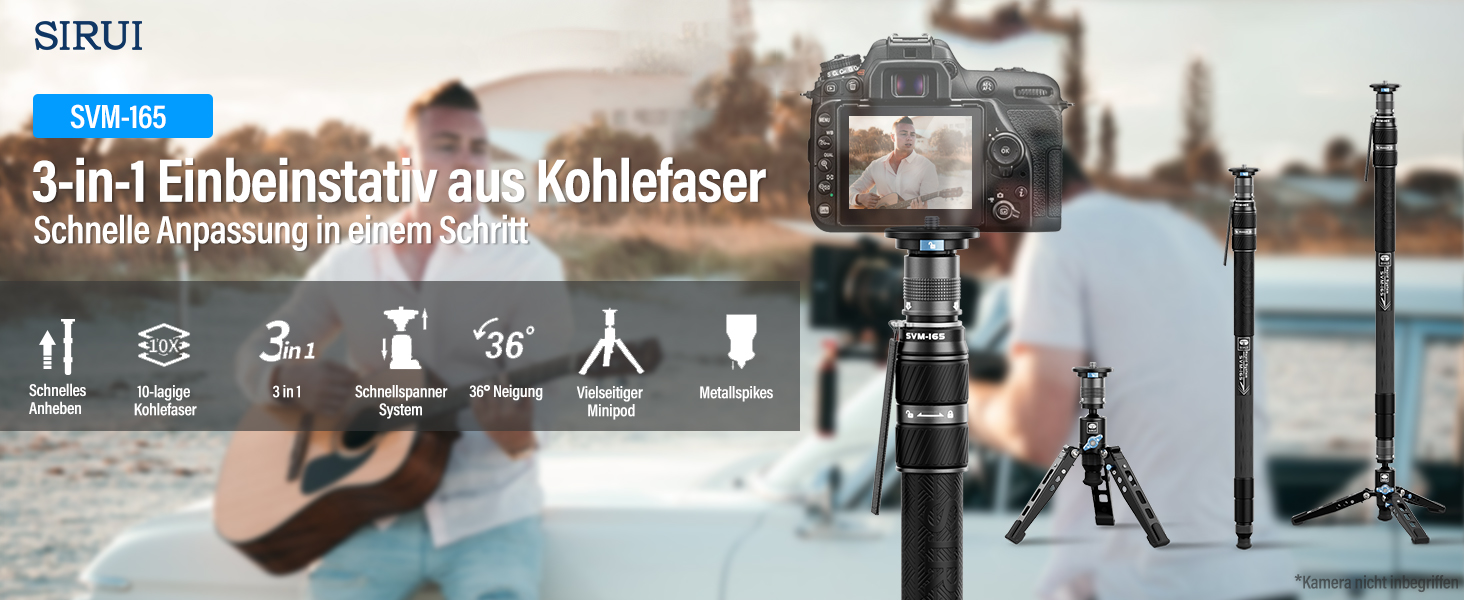 Штатив-монопод SIRUI SVM-165 з вуглецевого волокна | 165 см, професійний, 3-в-1, вантажопідйомність 10 кг, швидка заміна, для DSLR та відео