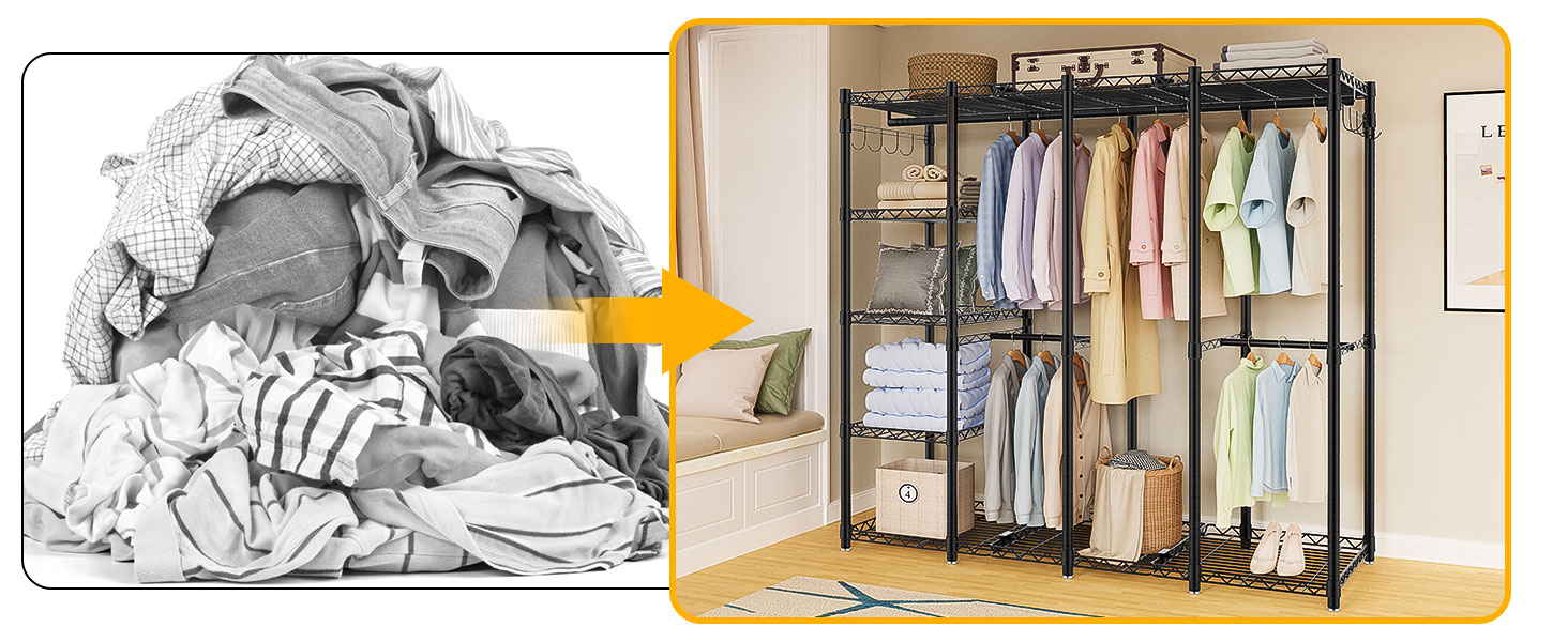 Відкритий шафа-система AQRA: зручний шафа-організатор з 9 полицями та 5 штангами для одягу, стійка для одягу з місткою конструкцією (193.5x43.5x195 см)