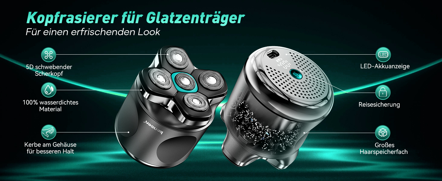 Електричний голковий бритва для чоловіків Glatzen Rasierer: бездротовий, вологостійкий, з 5D рухомою головкою, чорний