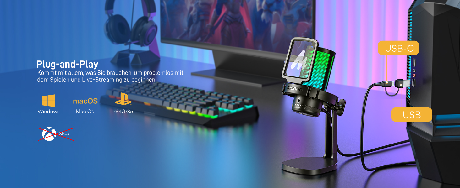 MAONO DGM20 Чорний USB Мікрофон для Ігор з Поп-фільтром та Керуванням Гучності - для Стрімінгу, Подкастів, Twitch, YouTube, Discord, PC, Mac, PS4/PS5
