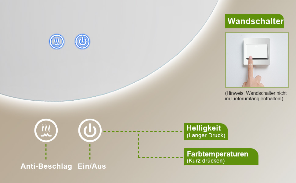 LED дзеркало для ванної кімнати з підсвічуванням 70x50 см, холодне біле світло 6000K, енергозберігаюче, диммування, проти запотівання