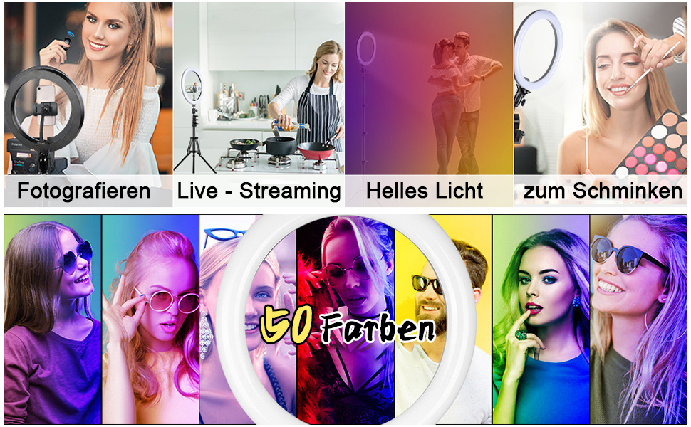 Кільцева лампа Ringlicht з штативом для телефону, 10 дюймів, 3 денне світло + 47 RGB режимів, регульована яскравість, 160 см, для YouTube, селфі, макіяжу, TikTok