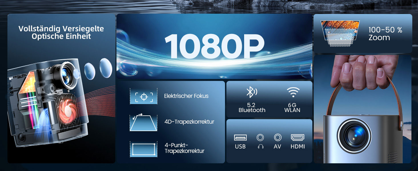 Портативний проєктор TOPTRO Mini Beamer - 18000 люмен, 1080P Full HD, WiFi6, Bluetooth, 4D/4P корекція трапеції, електрофокус, захист від пилу, 200 дюймів для TV Stick/Smartphone/HDMI/USB