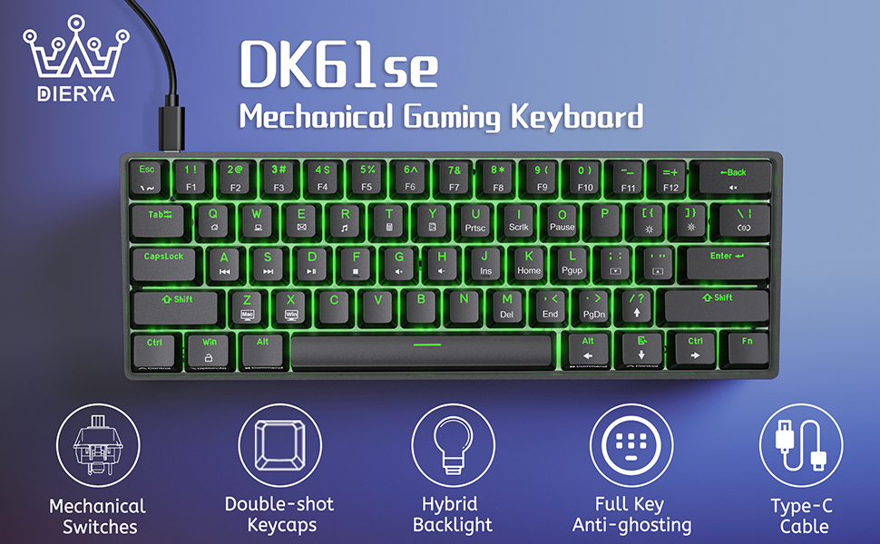 Dierya DK61se - Механічна ігрова клавіатура 60% з Blue Clicky Switch, Anti-Ghosting, USB-C, US Layout, білий корпус
