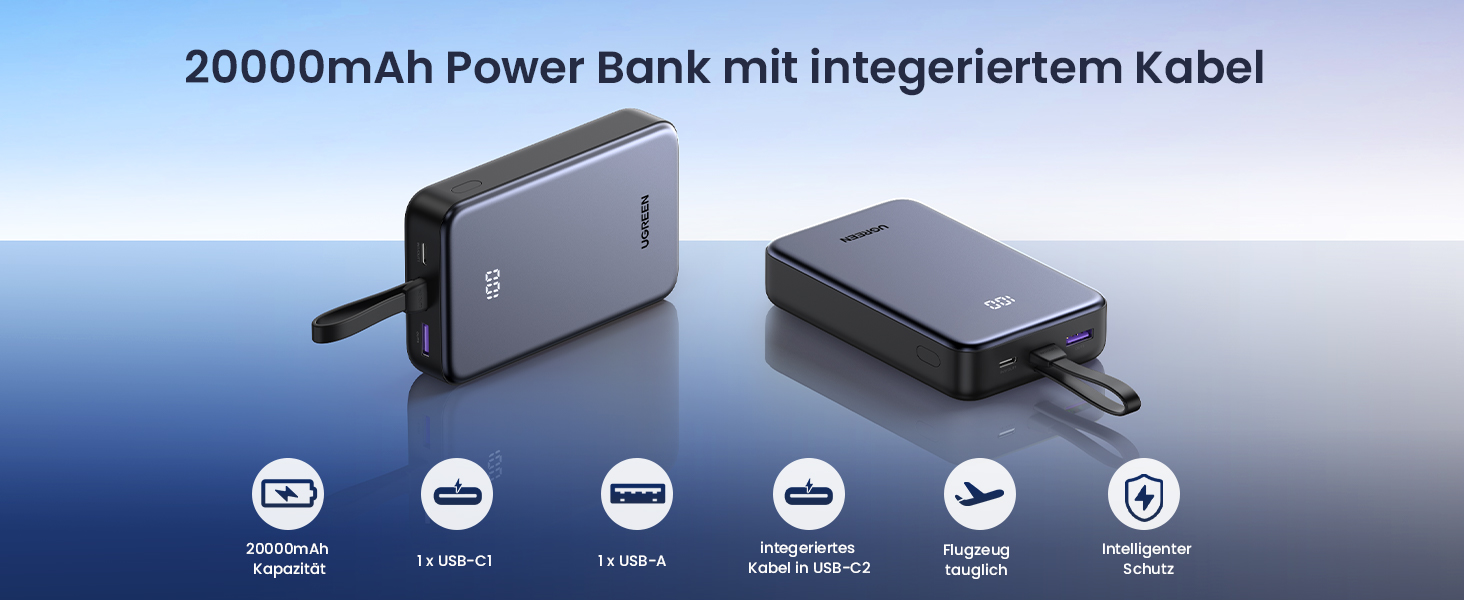 Power Bank UGREEN 20000mAh 22.5W з USB-C кабелем: заряд для iPhone, Samsung Galaxy та інших