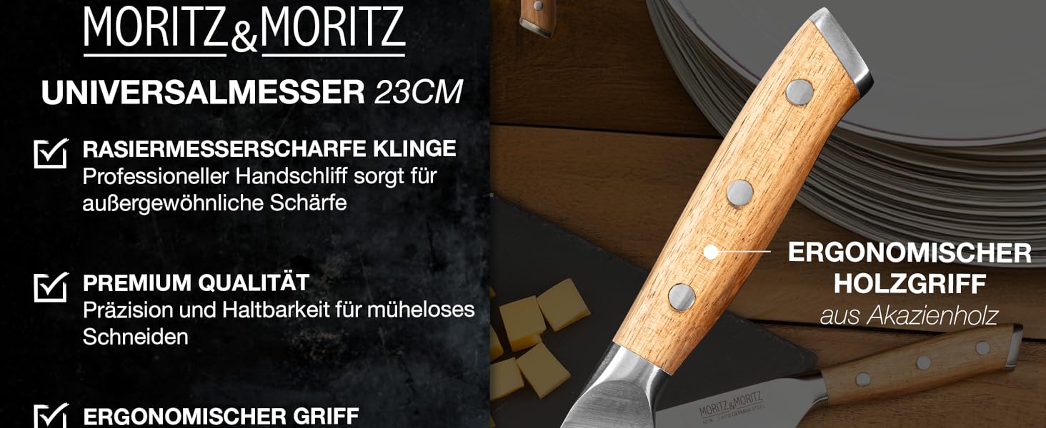 Ніж кухонний Moritz & Moritz Profi Küchenmesser 13 см - універсальний, для овочів, м'яса, фруктів, з ергономічною ручкою з акації, німецька сталь