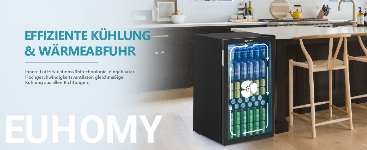 Міні-холодильник EUHOMY на 126 банок з дверцятами зі скла, чорний, з регульованими полицями, 90л, для дому/бару/офісу