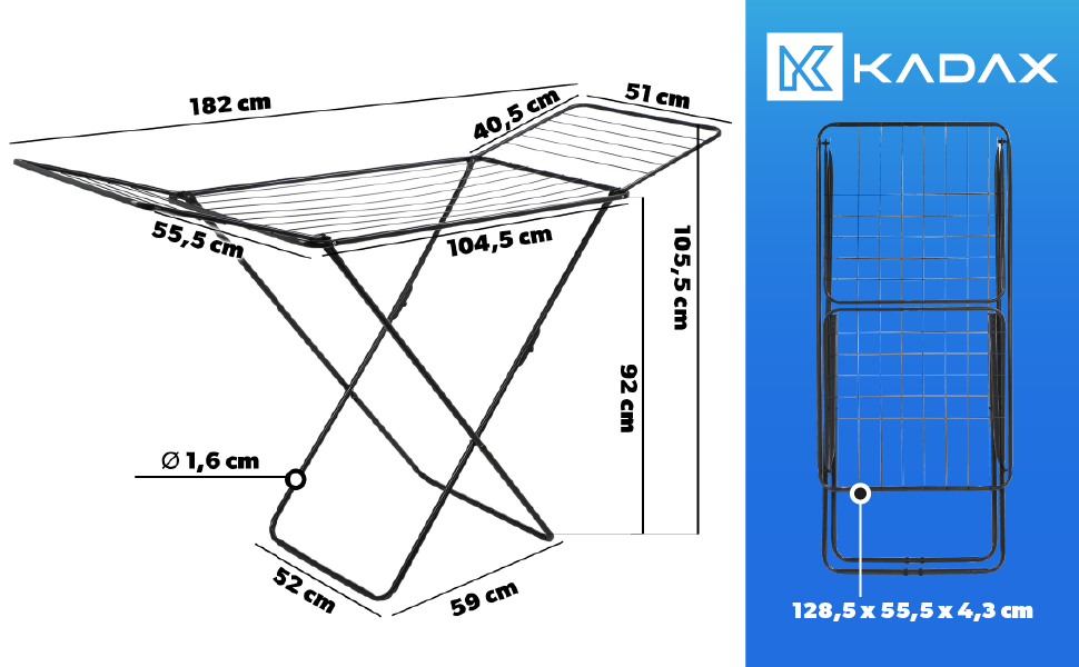 Сушарка для білизни KADAX з крилами, 18/23м, сталева, складна (біла/чорна)