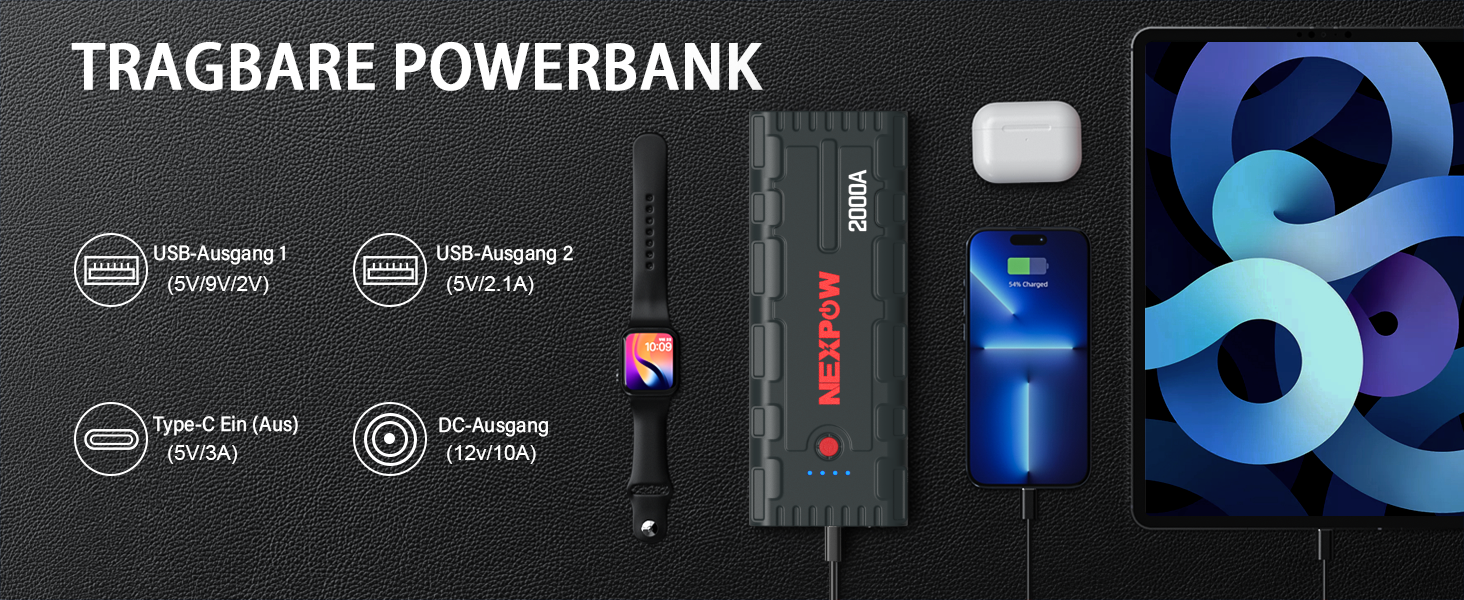 Powerbank NEXPOW Starthilfe: портативний пусковий пристрій для авто 2000A, 12V, USB-швидка зарядка 3.0 (до 7.0L бензин/6.5L дизель), LED-ліхтар, сірий