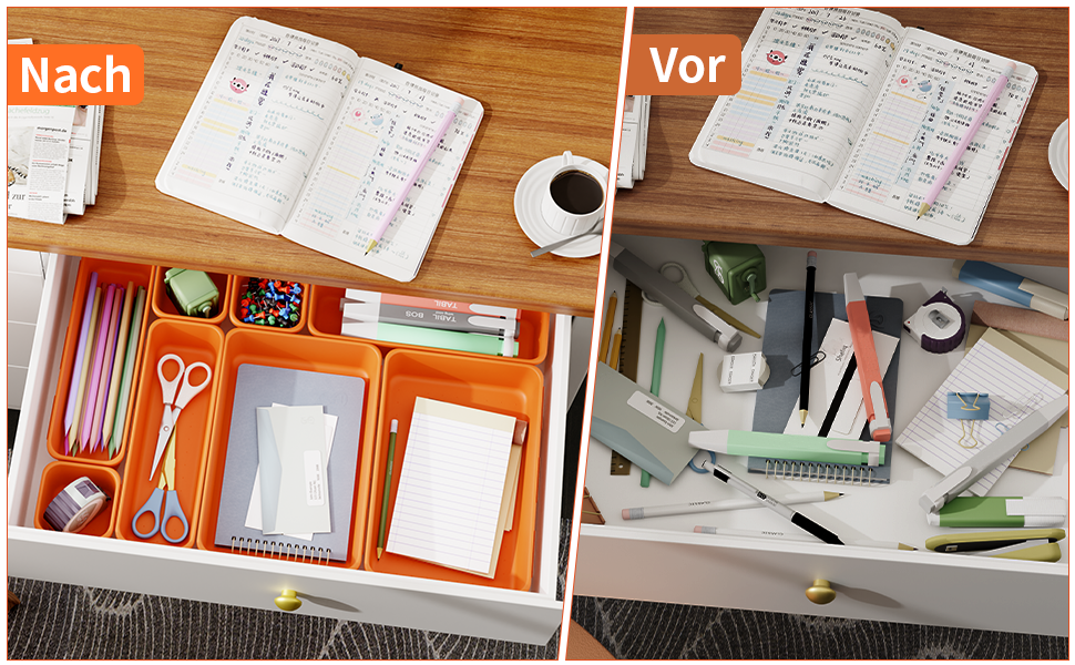 45 Piece Drawer Organizer Set for Office with 3 Sizes, Vanity Makeup Organizer Drawer, Storage Desk Organizer Drawer System for Kitchens, Bedrooms, Bathrooms, Office, Grey (3 - Sizes, Orange (45 Pieces))
