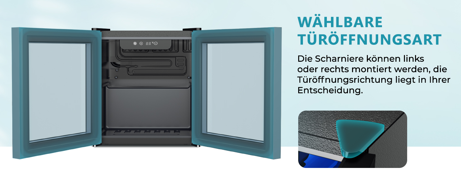 Міні-холодильник EUHOMY для напоїв на 55 банок, чорний, 36L, з дверцятами з прозорого скла, LED-підсвітка, тихий (43dB), для офісу, кімнати, бару