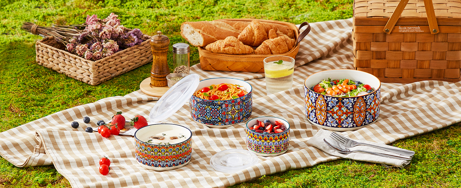 Набір супових та салатних мисок Vancasso (4 шт.) з кришкою, кераміка, 300/600/1080/1800 мл - для обіду, пікніка, кухні