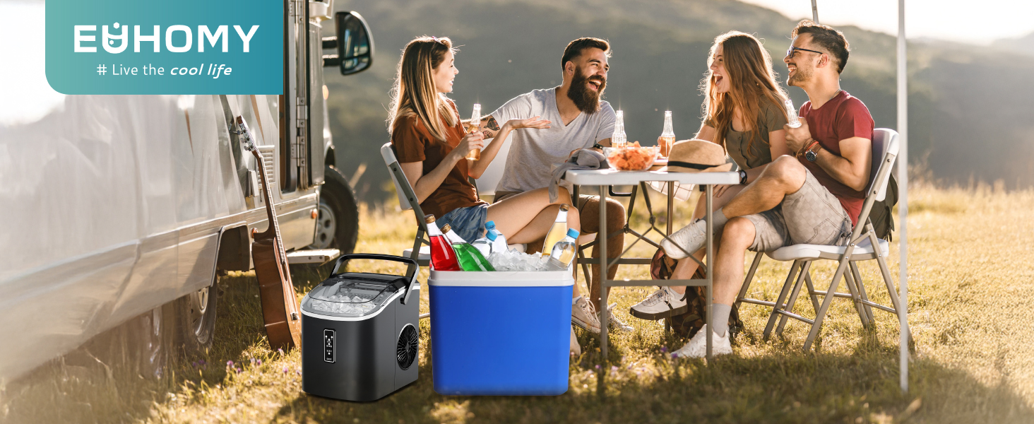 EUHOMY Ice Maker - Compact Portable Ice Machine for Home & Kitchen - Makes 9 Cubes in 6 Minutes, 12kg/Day, Self-Cleaning, 2 Sizes, Black, 1.2L