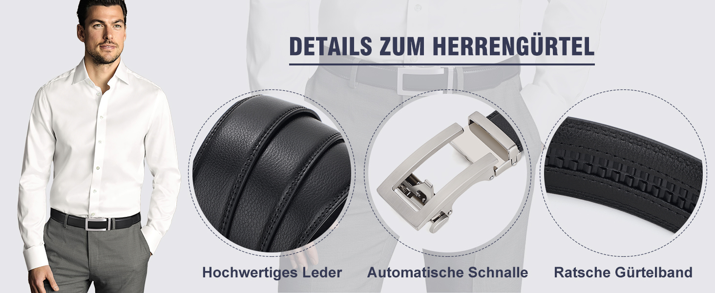 Чоловічий шкіряний ремінь JasGood з автоматичною застібкою, регульований, без отворів, ширина 35 мм, чорний, 130 см (підходить для обхвату талії 101-115 см)