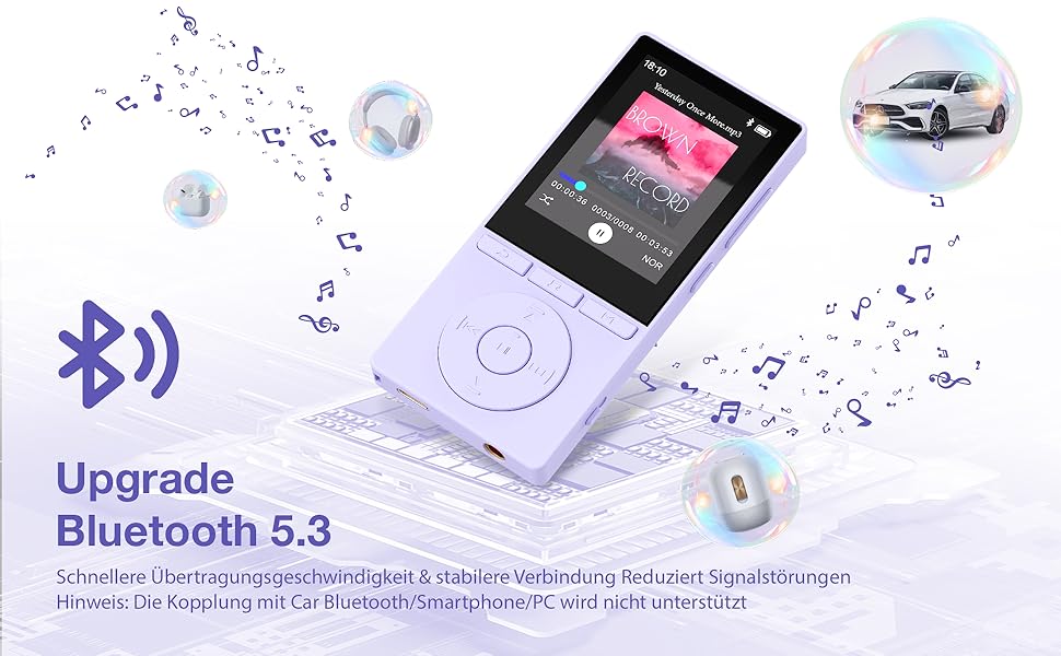 MP3 плеєр 64GB Bluetooth 5.3 з динаміком, записом голосу, E-book, HiFi звук, фіолетовий. Підтримка TF карти 128GB для спорту
