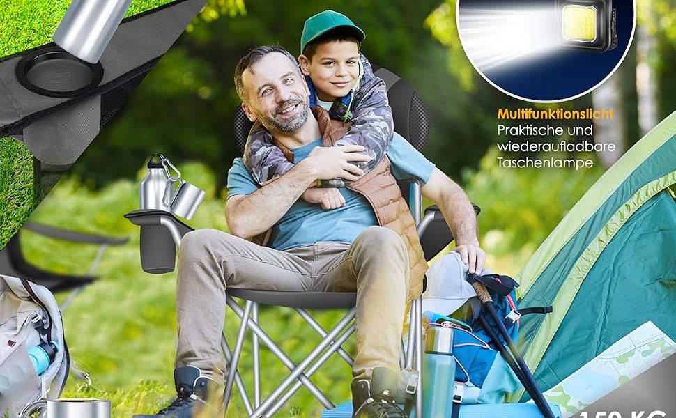Крісло для кемпінгу KESSER® - складне, до 150 кг, з підлокітниками, високою спинкою, для риболовлі, відпочинку, пляжу, з підсвіткою, тримачем для напоїв, сумка, бежевий (антрацитовий/чорний)