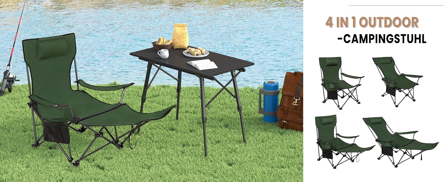 Набір кемпінгових стільців WOLTU 2 шт. з підставкою для ніг, пляжний стілець-трансформер, стілець для риболовлі з підсклянником та сумкою для зберігання (Зелений)