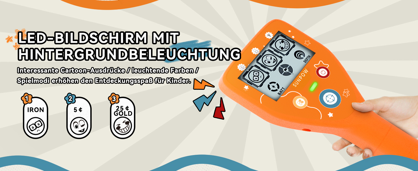 Металодетектор SUNPOW для дітей - LCD-дисплей з мультфільмами, водонепроникна котушка IP68, унісекс дизайн, 3 режими (All Metal/Disc/Pinpoint), регульована ручка 81-102 см для дітей 5-12 років, помаранчевий