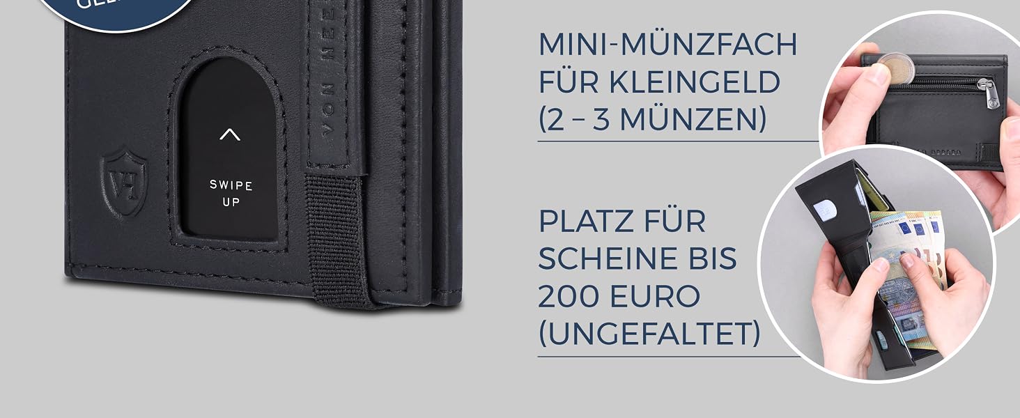 Картхолдер Von Heesen з монетницею RFID захист, шкіряний гаманець для жінок та чоловіків, чорний (Waxy)