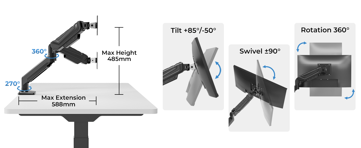 Підставка для монітора BONTEC для 2 моніторів, 14-34 дюйми, газліфт, VESA 75/100, регульована, поворотна, 360°, ергономічна, з кабелеуправлінням, для дому/офісу та геймінгу