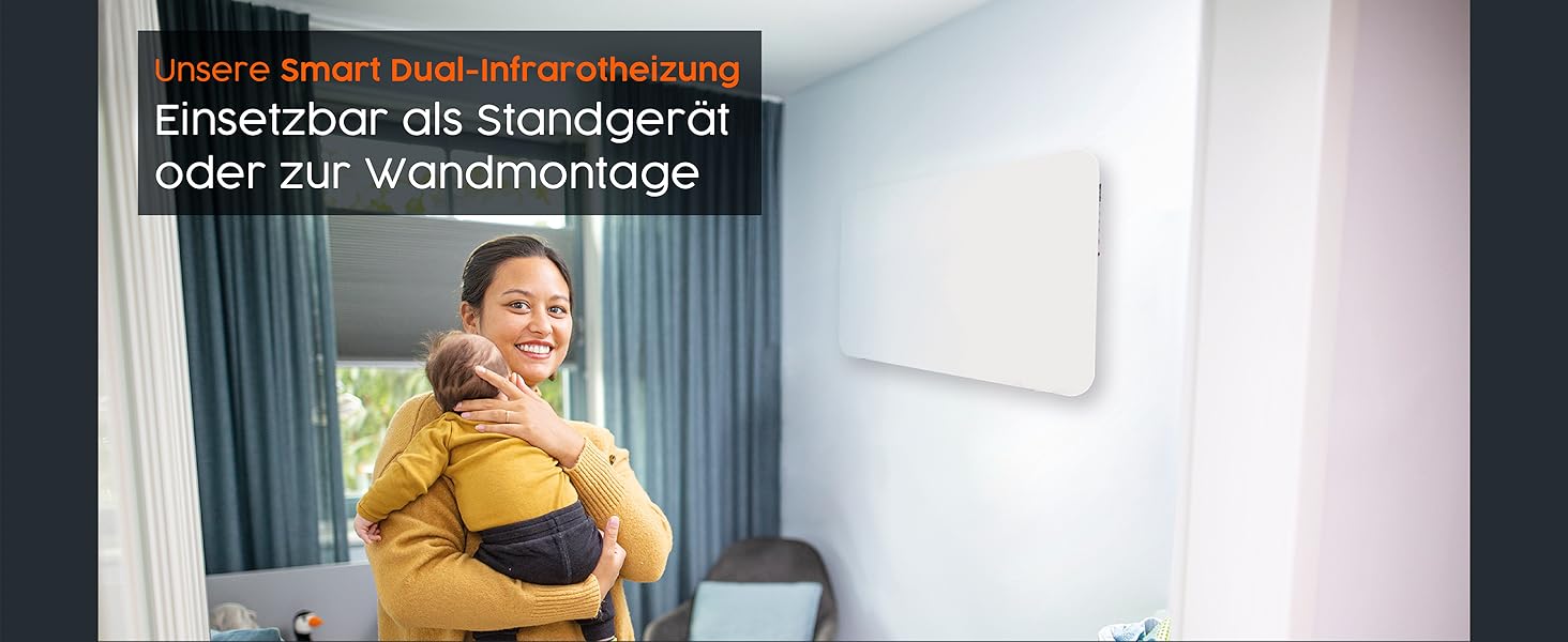 Обігрівач KönigsHaus 450W Smart Dual-Інфрачервоний V2 - підлоговий/настінний - керування через Wi-Fi, пульт - з тримачем для рушників, ніжки та кріплення - білий, з дисплеєм