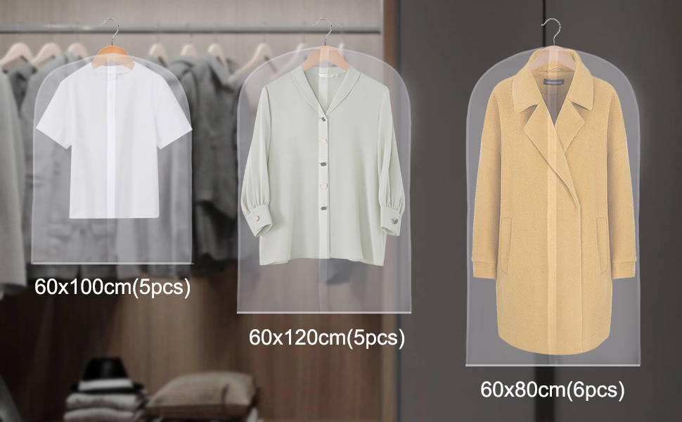 16 шт. мішки для одягу, великі, середні та короткі, 60 x 120/100/80 см, з блискавкою, прозорі, для костюмів, пальто, суконь, сорочок, зберігання, захисні чохли (білий)