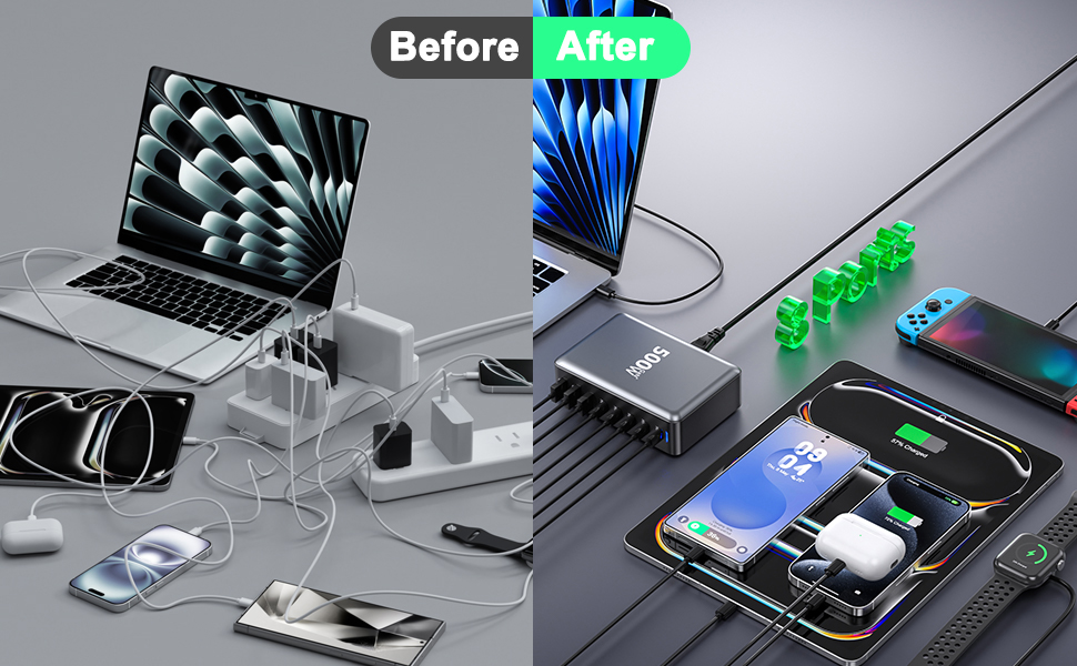 Зарядний пристрій USB-C 500W, 8 портів, GaN PD PPS, для MacBook Pro/Air, iPad, iPhone 15/16, Galaxy S23 - чорний