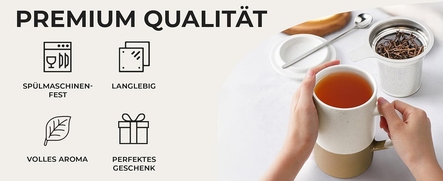 Набір чайних чашок Miamio 2 x 500 мл з кришкою та ситом, керамічні чашки з чайним ситечком та ложкою для заварювання листового чаю, подарунок для жінок, підходить для мікрохвильової печі та посудомийної машини (колір: коричневий)