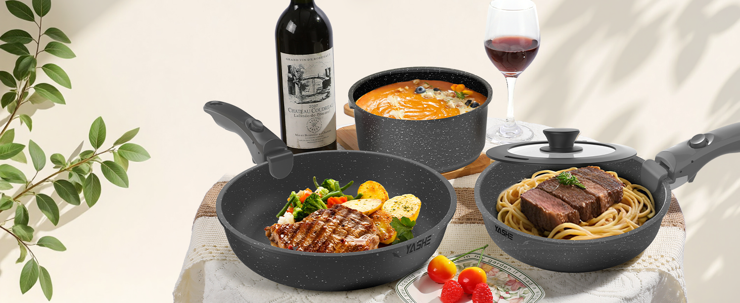 Набір посуду YASHE 21 предмет: каструлі та сковорідки з антипригарним покриттям, знімні ручки, скляні кришки, індукційний, для духовки, стекуваний, білий (сірий)