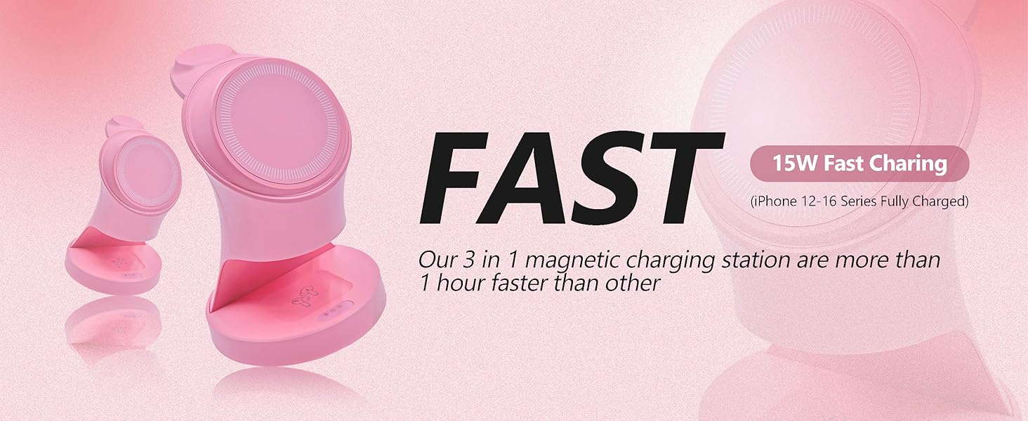 3-в-1 Мережевий Зарядний Пристрій MagSafe, Бездротова Зарядка для iPhone 17/16/15/14/13/12/Plus/Pro Max/Mini, Apple Watch 9/8/7/6/SE/5/4/3/2, AirPods Pro/2/3 (Рожевий)