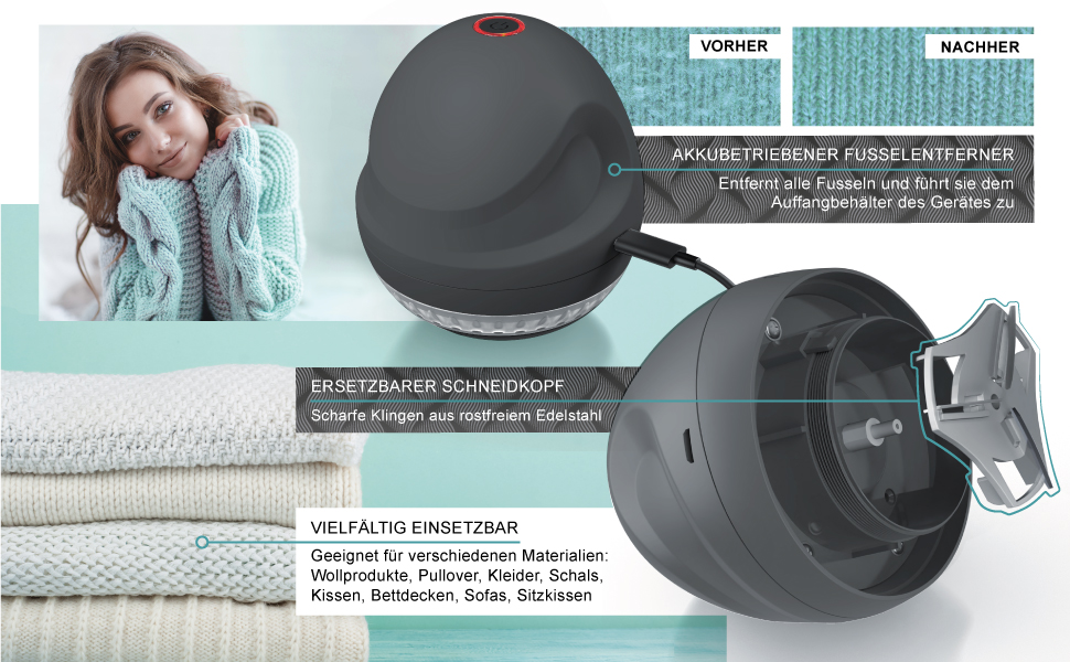 Електричний видалення ворсу MyBeo - бездротовий пристрій для видалення ворсу з одягу з USB-зарядкою, 2 змінні леза, колір Cool Grey