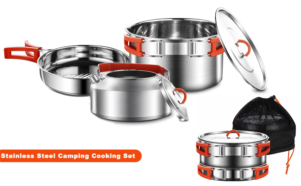 Набір посуду для кемпінгу з нержавіючої сталі 304, 1-2 особи. Посуд для туризму, похідний набір з каструлею, сковородою з антипригарним покриттям та чайником у сітчастій сумці
