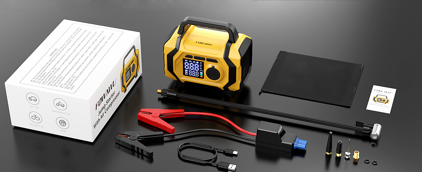 Портативний пусковий пристрій FOWAWU 9-в-1 з компресором, акумулятор 6000A, 26800mAh, 150psi, автовимкнення
