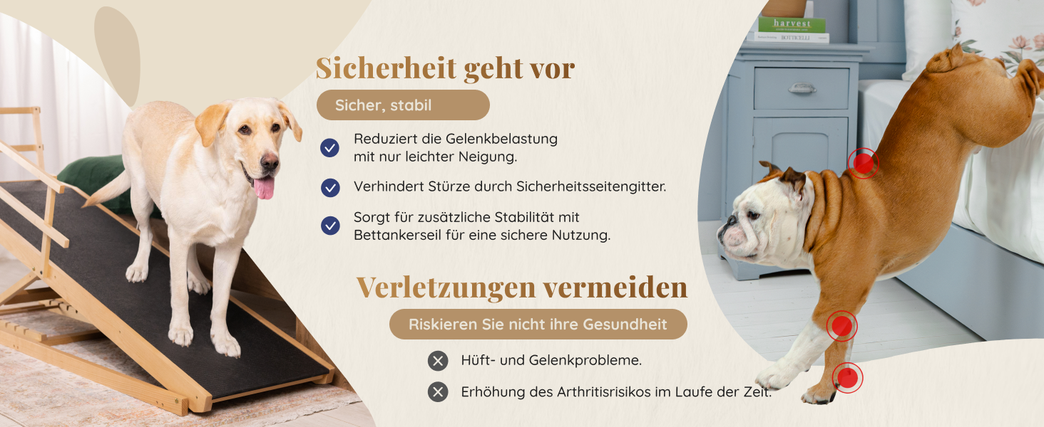 Східці для собак до ліжка з захисним бар'єром - для великих собак до 90 кг - регульована висота до 94.5 см - ширина 49.5 см - складаються - антиковзке покриття - з натурального дерева (бірча) - колір натуральний
