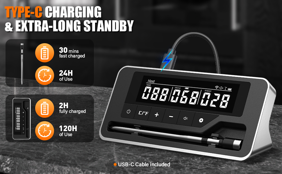 Бездротовий термометр для м'яса з Bluetooth, для гриля, духовки, мангалу, ротисерії, Airfryer, IP67 водонепроникний