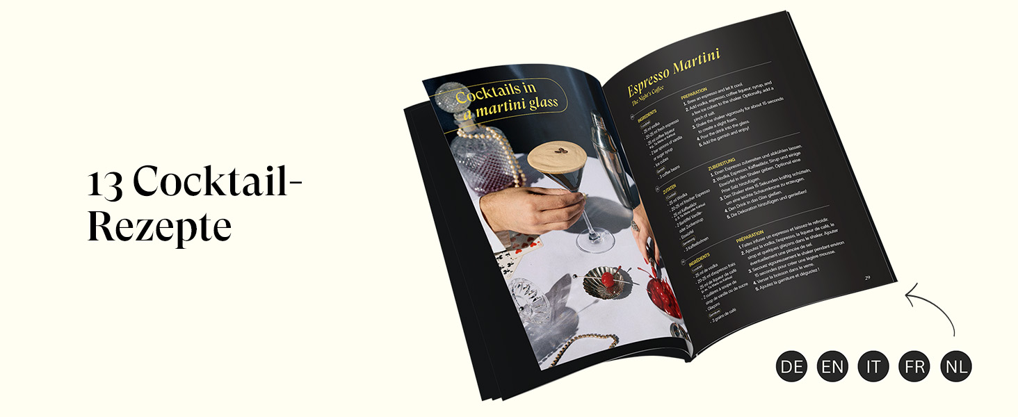 Коктейльний набір Cocora Martini-Set 8 предметів з нержавіючої сталі: шейкер, келихи для Мартіні, книга рецептів, подарункова упаковка (Чорний)