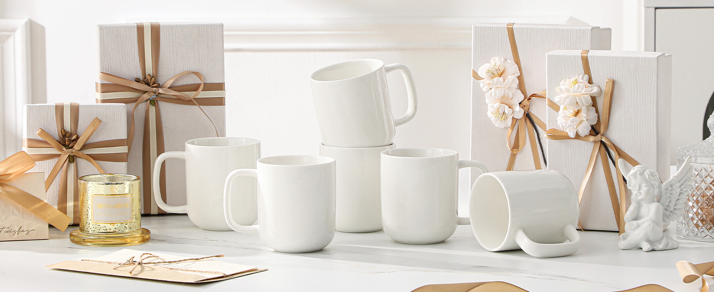 Набір чашок для кави MALACASA LUNA, 6 шт., 300 мл, порцеляна. Підходять для кави, чаю, соку, лате, капучино, какао. Можна мити в посудомийній машині та використовувати в мікрохвильовці. Серія LUNA, білий колір.