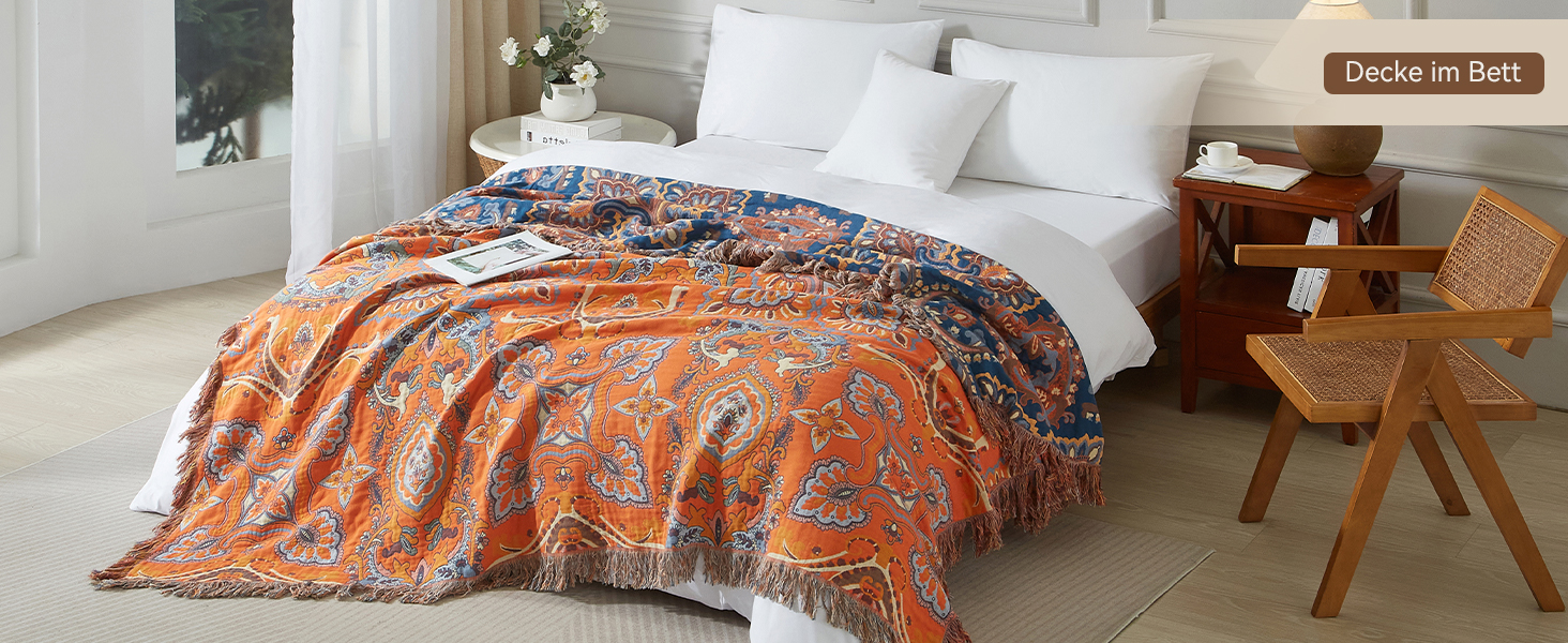 Богемна ковдра Boho Decke 100% бавовна – двостороння муслінова ковдра 150x200 см, м'яка софа/ковдра та покривало для ліжка, естетичний дизайн, ідеально для вітальні та спальні, помаранчево/блакитний колір, зірковий сон 150 x 200 см