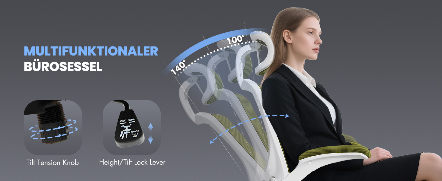 Офісне крісло Colamy з ергономічною підтримкою спини, регульованою підголівником та поперековою підтримкою, поворотне, (Зелений, Classic)