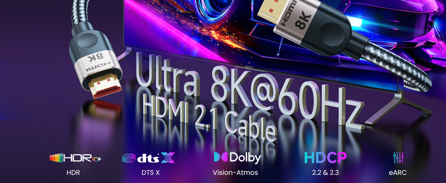 HDMI 2.1 кабель Southlight 5 метрів (8K@60Hz, 4K@120Hz, 48Gbps) – Ultra High Speed, eARC, HDCP 2.2/2.3, DTS:X, Dolby Atmos, сумісний з Soundbar, PS2, PS5, Xbox, Roku TV, сірий