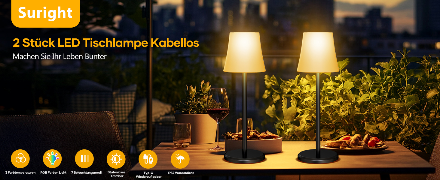 Бездротова LED лампа Suright для столу: регульоване світло, 3 кольори + RGB, сенсорне управління, IP54, для дому та відпочинку