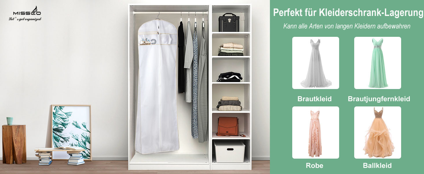 Чохол для вечірньої сукні MISSLO, 177см, дихаючий, з кишенями, для подорожей, білий. Підходить для весільних та довгих суконь, костюмів.