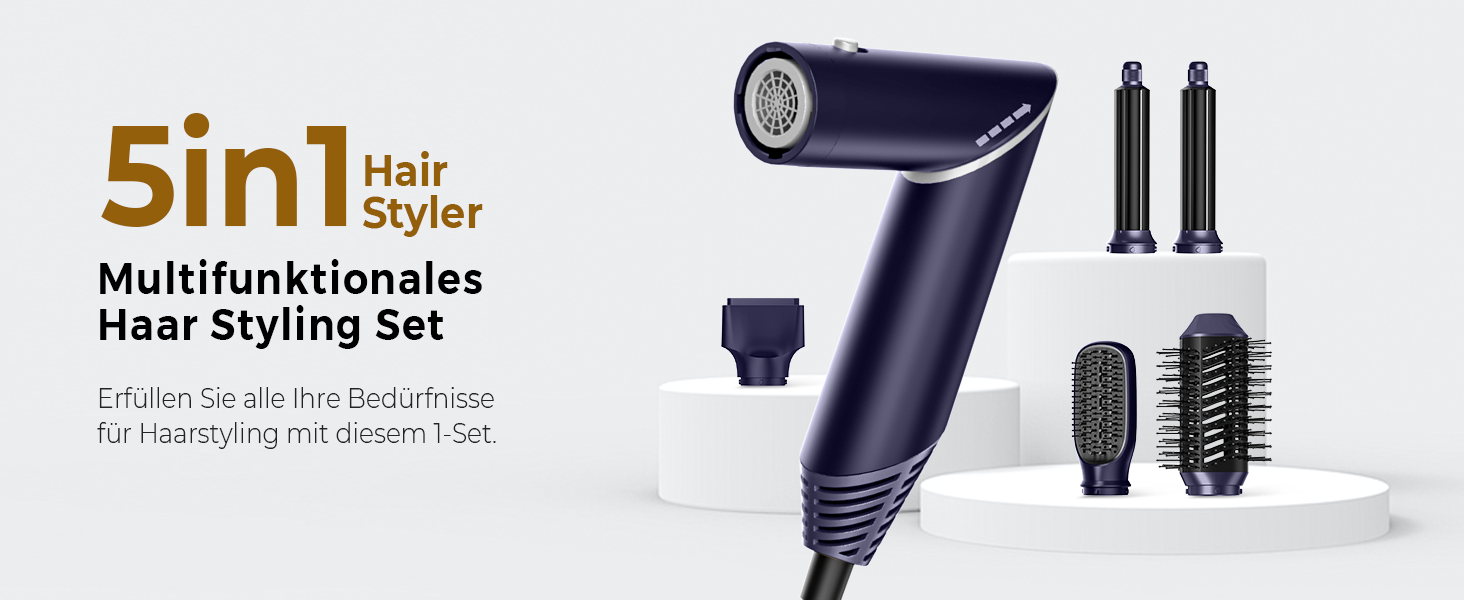 Airstyler 5 в 1: Набір для укладки волосся (фен, круглі щітки, локони, випрямляч), 60 000 обертів, чорний/блакитний