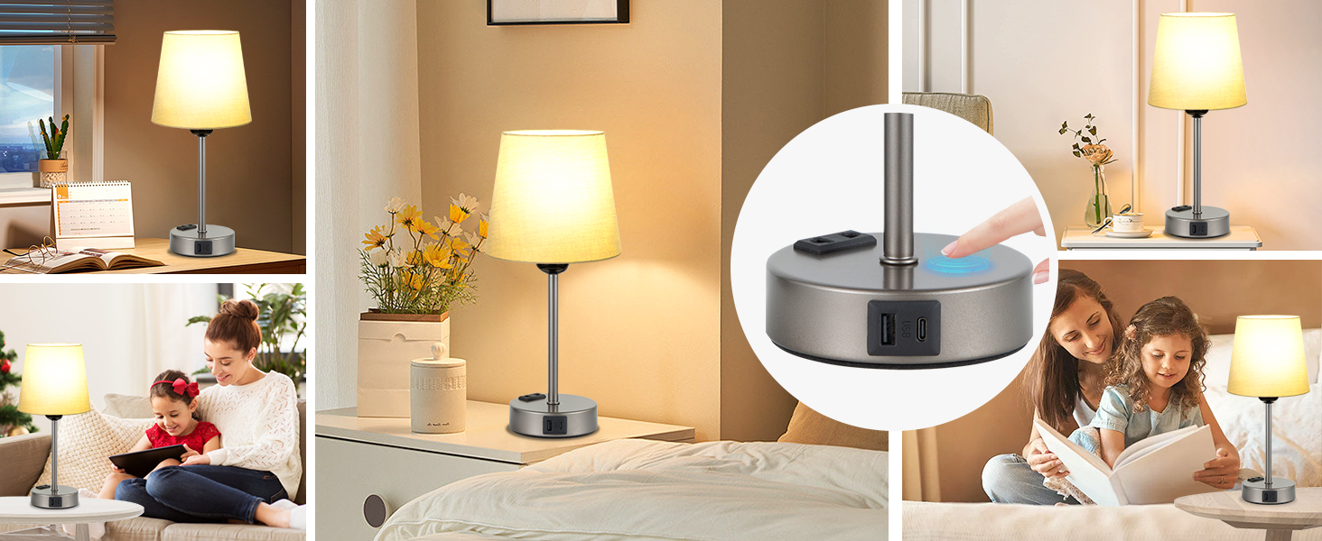 Настільна лампа Kakanuo з торшером, 2 шт. з USB-портами та диммуванням, для спальні, вітальні, дитячої кімнати, офісу (сірий)