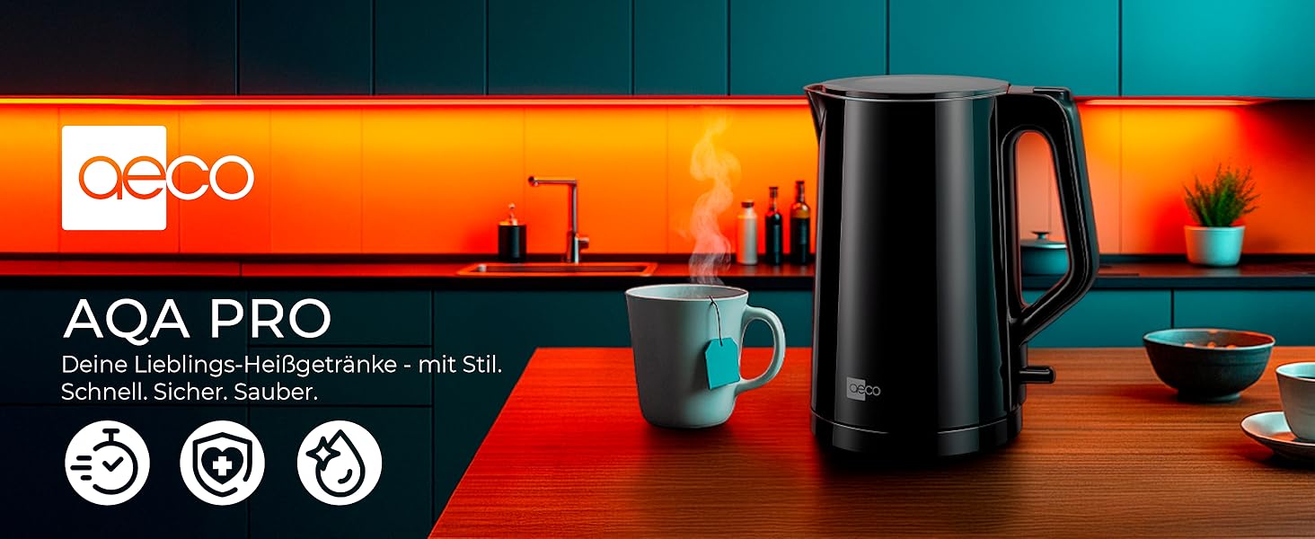 Електричний чайник Aeco AQA NEO з нержавіючої сталі, 1.7 л, 2150 Вт, без BPA, фільтр від накипу, бездротовий, CoolTouch, шампань сріблястий